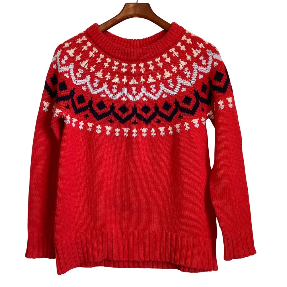 J.Crew Womens Oversized Red Fair Isle Merino Wool Blend Crewneck Sweater Small